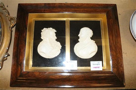 Pair of poured moulded wax portraits of gentlemen, framed as one(-)